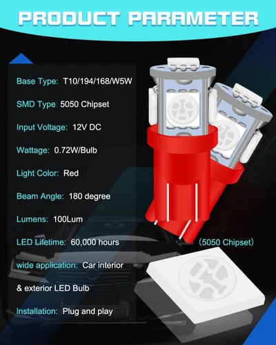 Miniatura 3 de Paquete de 25 bombillas LED 194, bombillas LED T10 súper brillantes, bombillas 2825 5050 Chipset 5-SMD, W5W 168 bombillas LED de repuesto para Rojo