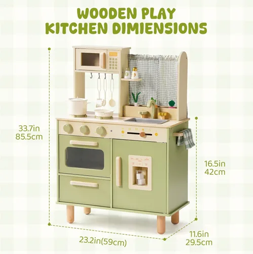 Miniatura 7 de ROBUD Juego de cocina de madera, cocina de juego de simulación para niños, cocina de juguete con microondas, fregadero, estufa y máquina de hielo