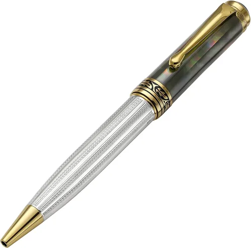 Miniatura 9 de Xezo Bolígrafo Maestro, punta media. Plata de ley 925 maciza y nácar negro con chapado en platino puro. Hecho a mano, edición limitada, serializado.