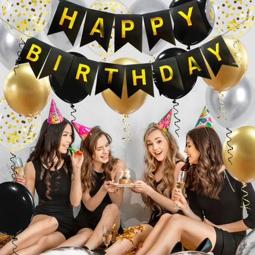 Miniatura 4 de Cartel de feliz cumpleaños, decoración de cumpleaños negro y dorado, 16 globos de 12 pulgadas con 2 cintas para hombres, mujeres, niñas y niños