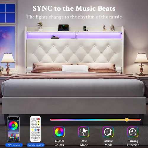 Miniatura 6 de Base de cama tamaño King con cabecera alta, base de cama tapizada con estación de carga y luces LED, moderna cabecera de almacenamiento con respaldo