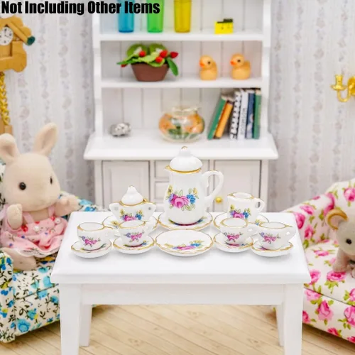 Miniatura 5 de Odoria Juego de té de porcelana en miniatura 1/12, 15 piezas, accesorios de decoración de casa de muñecas, flor rosa