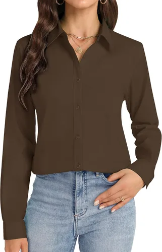 Miniatura 24 de Camisas con botones J.VER para mujer con cuello elástico y manga larga de algodón, camisa de vestir casual de negocios para el trabajo