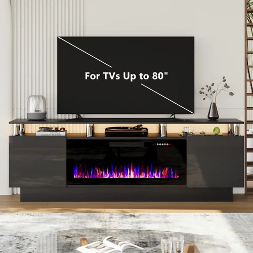 Miniatura 6 de Soporte de TV con chimenea de 36 pulgadas, soporte de TV negro de 70 pulgadas para sala de estar, moderno soporte de TV con chimenea eléctrica