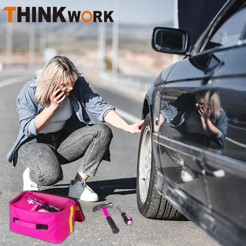 Miniatura 9 de THINKWORK - Kit de emergencia de coche para regalos de adolescentes y damas, kit de asistencia en carretera rosa con juego de herramientas