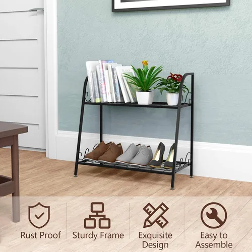 Miniatura 4 de Giantex Soporte de metal de 2 niveles para plantas, estante para plantas de interior y exterior, estante de exhibición de flores, soporte