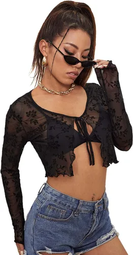 Miniatura 3 de Floerns Top corto de malla transparente de manga larga con frente abierto para mujer, sin brasier