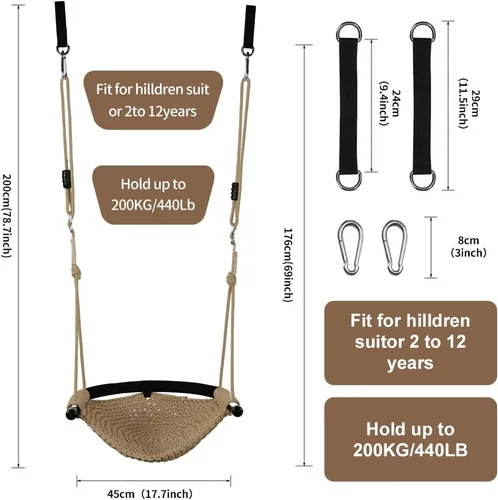 Miniatura 5 de Columpio tejido a mano para niños con cuerdas ajustables, juego de columpio seguro para niños, para interiores, exteriores, parque infantil, árbol