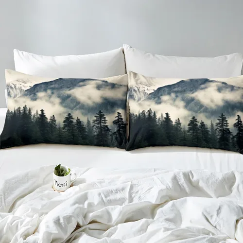 Miniatura 4 de Erosebridal Juego de funda de edredón de montaña ahumada, pinos y niebla, color gris, tamaño King, para niños, adolescentes y adultos, funda