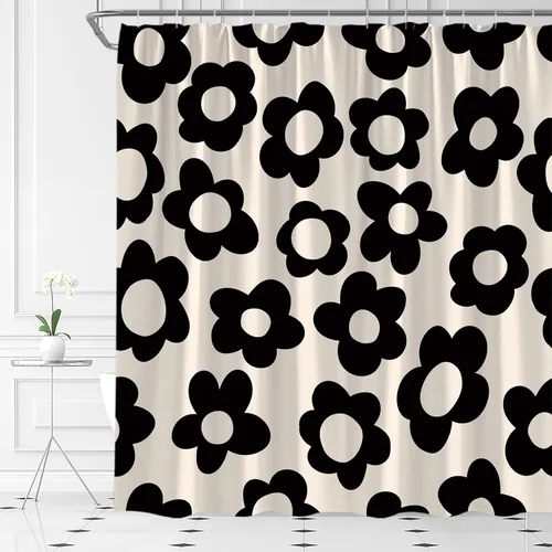Miniatura 3 de Cute Retro Flower Shower Curtain Groovy Vintage Floral Funky Hippie Pastel Black Beige Daisy Abstract Aesthetic Fabric Bathroom Curtain Set with