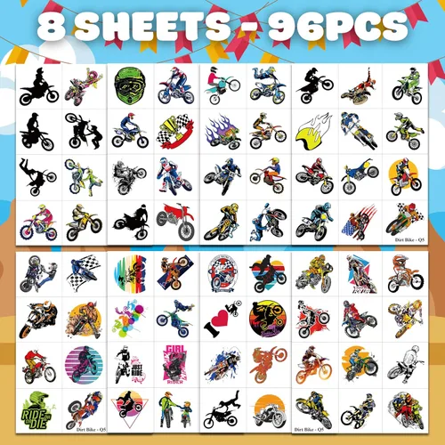 Miniatura 2 de Tatuajes temporales de motocross – 96 piezas (8 hojas) calcomanías de tatuaje falso para niños y niñas Suministros para fiestas de cumpleaños