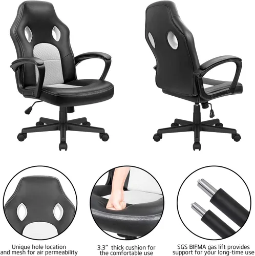 Miniatura 8 de Silla ejecutiva de piel para oficina, sala de conferencias o videojuegos con respaldo alto, ergonómica, ajustable., Blanco
