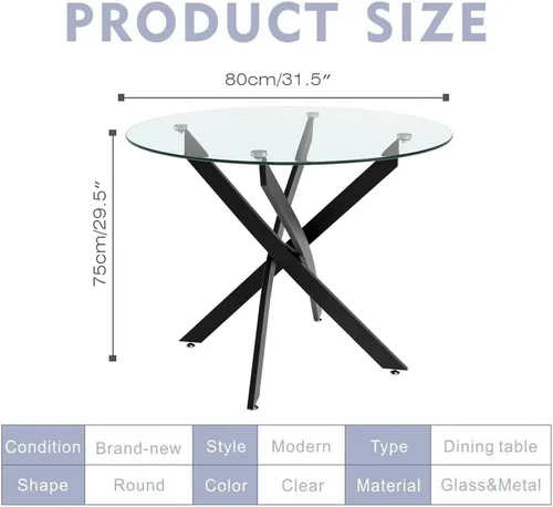 Miniatura 7 de Mesa de comedor redonda para 2-4, 31.5 pulgadas, mesa de cocina pequeña de vidrio templado con patas negras de metal, mesa de comedor moderna