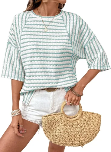 Miniatura 23 de Dokotoo Camisetas de verano para mujer, camisetas de gran tamaño para mujer, a rayas, bloques de color, manga corta, cuello redondo, blusas casuales
