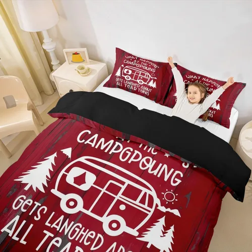 Miniatura 5 de Decoraciones para caravanas de remolques, funda de edredón de campamento feliz, juego de ropa de cama rústica color rojo de 3 piezas para niños