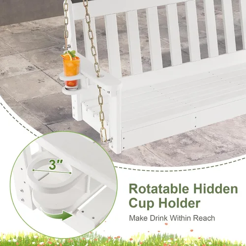 Miniatura 5 de Tangkula Columpio colgante para porche para 2 personas, columpio de banco al aire libre con cadenas ajustables, soporte oculto para tazas, silla