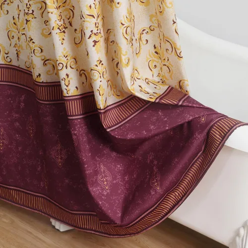 Miniatura 6 de Cortina de ducha larga de tela, cortinas de ducha de damasco bohemio con estampado de paisley en vino burdeos y oro amarillo, cortinas impermeables