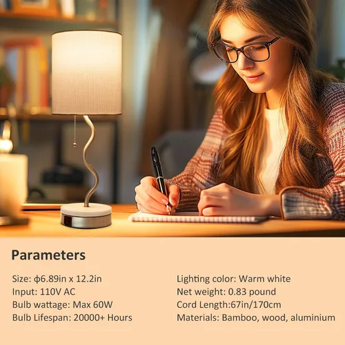 Miniatura 5 de Lámpara de Mesa con Base de Mármol - Lámpara de Mesita de Noche Moderna con Puerto USB y Cadena de Tracción, Lámpara para Dormitorio, Sala de Estar