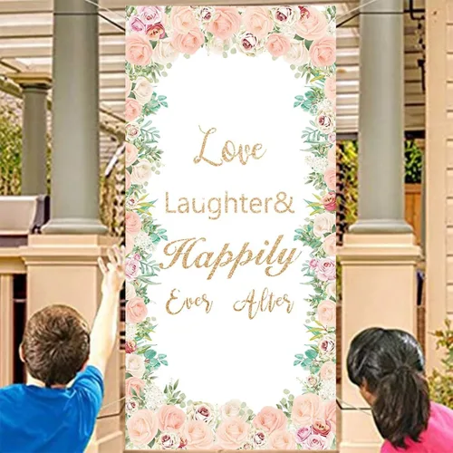 Miniatura 2 de Love Laughter - Cubierta para puerta de boda con 70.8 x 35.4 pulgadas, cartel colgante de despedida de soltera con diseño floral para parejas, Beige