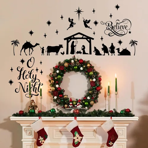 Miniatura 6 de Chinco Calcomanías grandes de decoración de pared con belén de Navidad, calcomanías de vinilo para pared, decoración de Navidad, murales religiosos