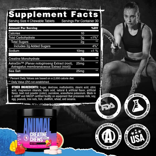 Miniatura 7 de Masticables de creatina Animal - Tabletas de creatina monohidratada mejoradas con AstraGin para mejorar la absorción, sal marina para aumentar