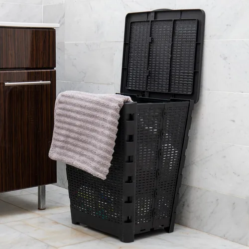 Miniatura 5 de Mind Reader Cesta plegable para ropa sucia de 61 litros, cesta de ropa, tapa, diseño de mimbre, plástico, 18 pulgadas de largo x 14.5 pulgadas