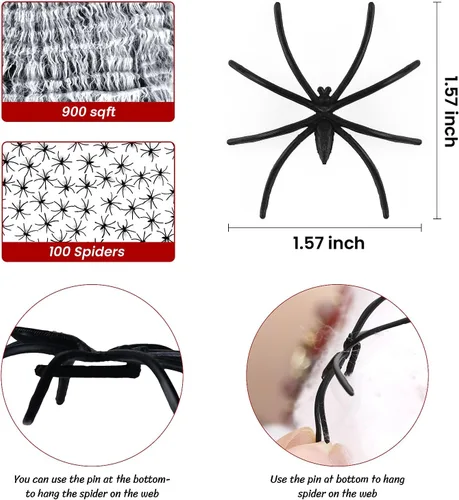 Miniatura 5 de Telarañas de 900 pies cuadrados para decoración de Halloween con 100 arañas falsas, telarañas súper elásticas para decoraciones de Halloween