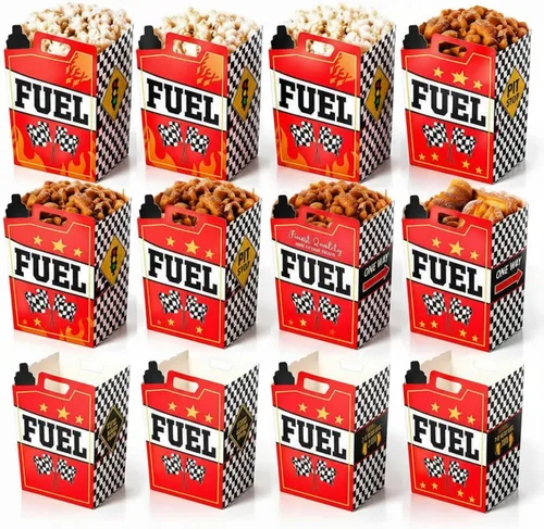 Colarr Paquete de 12 cajas de combustible de carreras con temática de carreras, cajas de bandera a cuadros en blanco y negro, caja de palomitas de