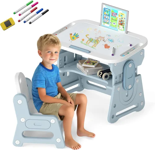Miniatura 10 de Costzon - Juego de mesa y silla para bebé, escritorio de actividades de plástico con pizarra, bolígrafos de acuarela, borrador de pizarra y estante