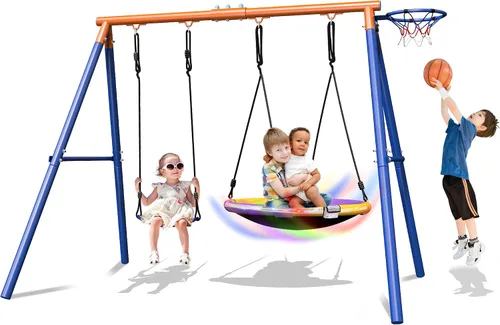 Miniatura 12 de Juego de columpios para niños 5 en 1 para patio trasero con trampolín, soporte de marco en A resistente de 880 libras, soporte de metal