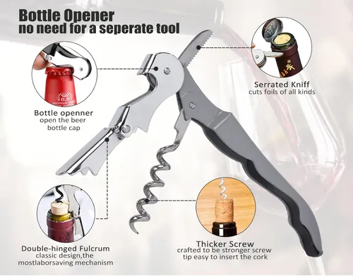 Miniatura 4 de RECUTMS Paquete de 12 sacacorchos para botellas de vino, acero inoxidable resistente con cortador de papel de aluminio, pequeño regalo de acero Gris