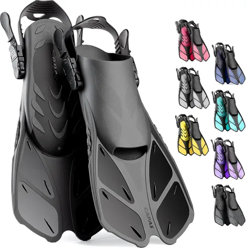 CAPAS - Aletas de natación de talón abierto, tamaño de viaje, cortas, ajustables para buceo, adultos, hombres, mujeres y niños
