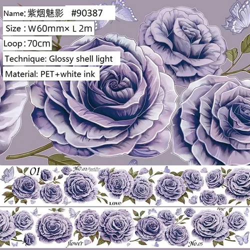 Miniatura 3 de Cinta washi de rosa para collage original de flores, creatividad, hecha a mano, para libro de diario, material PET con efecto láser (90387)