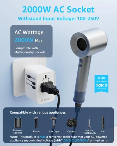Miniatura 2 de Adaptador de viaje universal, adaptador de enchufe de viaje internacional con 2 puertos USB-C (GaN 65W) y 1 puerto USB-A, adaptador portátil todo