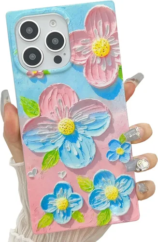 Miniatura 11 de Funda compatible con iPhone 14 Pro con borde rectangular, bonita funda protectora de lujo con pintura al óleo y flores para mujeres y niñas, funda