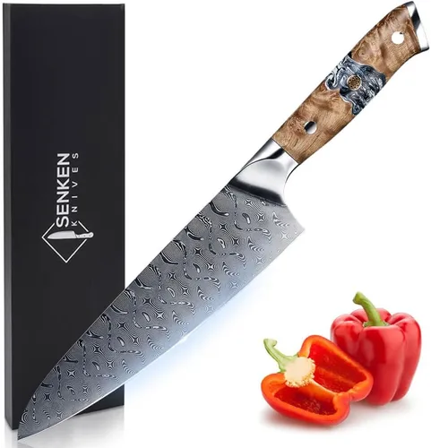 SENKEN "Tenjin" Cuchillo de chef japonés VG10 de acero Damasco de 8 pulgadas, hoja de acero de Damasco de polvo de 110 capas, patrón de hoja