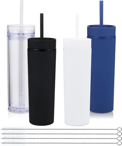 Miniatura 18 de Volhoply Vaso delgado de plástico de 16 onzas con tapa y pajita, paquete de 4 unidades, vasos aislados de doble pared de acrílico mate, sin BPA