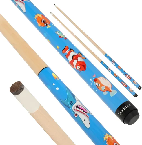 Juego de 2 tacos de billar cortos para niños, madera de arce canadiense, 4 tamaños (36/42/48/52 pulgadas) con divertidos diseños impresos UV y punta