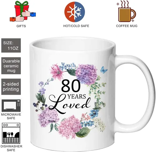 Miniatura 3 de 80 Years Loved - Taza de cerámica blanca con estampado de letras de 11 onzas, regalo de cumpleaños 80 para mujeres
