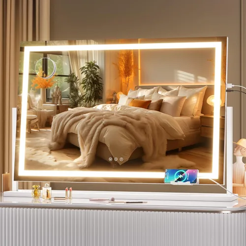 Miniatura 22 de Hasipu Espejo de tocador con luces, espejo de maquillaje LED de 24.2 x 19.7 pulgadas, espejo iluminado con aumento de 10 veces y USB, soporte