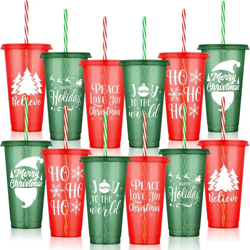 Kochorie 12 Piezas Vasos de Plástico de Navidad a Granel 24oz Vasos de Navidad Reutilizables con Tapas y Pajitas Vaso Tumbler de Plástico Grueso
