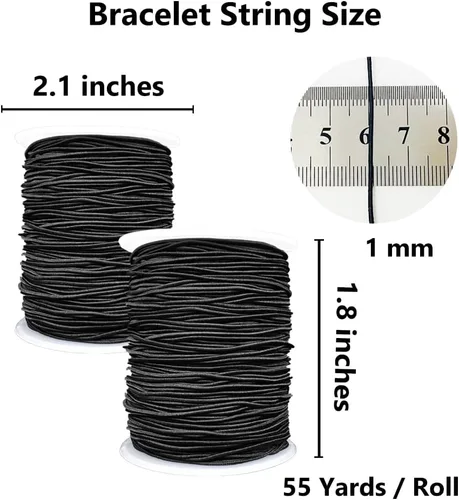 Miniatura 2 de Cuerda elástica para pulseras, 2 rollos de 1 mm de cuerda elástica resistente para hacer joyas, collares, encordado (negro)