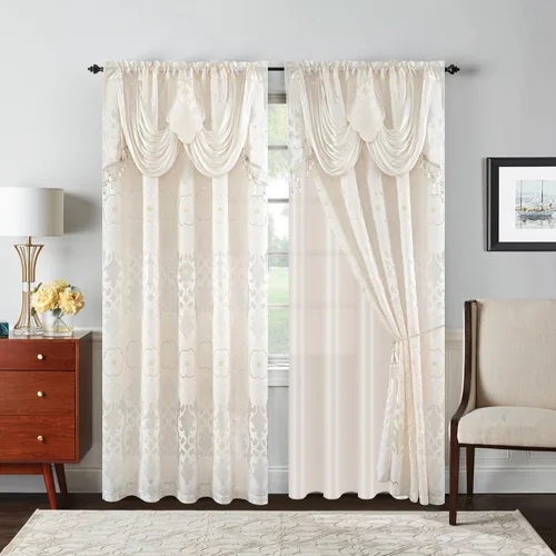 Miniatura 13 de Petrichor Cortinas de gasa jacquard transparente borgoña (54 pulgadas de ancho x 63 pulgadas de largo), 2 paneles con cenefa adjunta, diseño floral