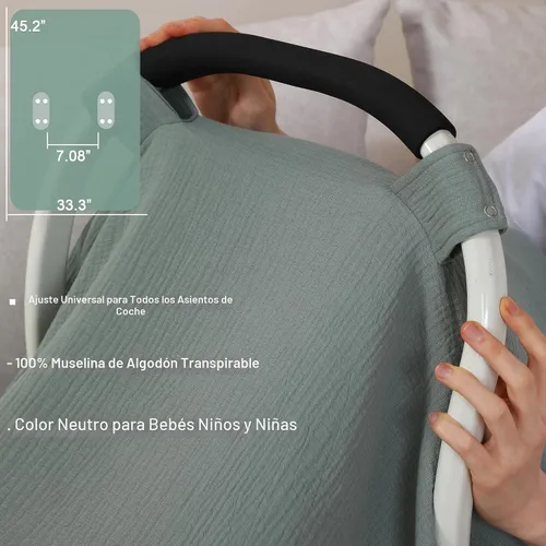 Miniatura 5 de Funda de asiento de automóvil 100% muselina de algodón para bebé, cubierta de toldo para asiento de automóvil, fundas de cochecito de ajuste Verde