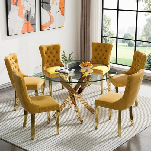 Miniatura 10 de Juego de mesa de comedor de vidrio de 47.24 pulgadas para 6, juego de mesa redonda dorada de 7 piezas con 6 sillas tapizadas de terciopelo, mesa