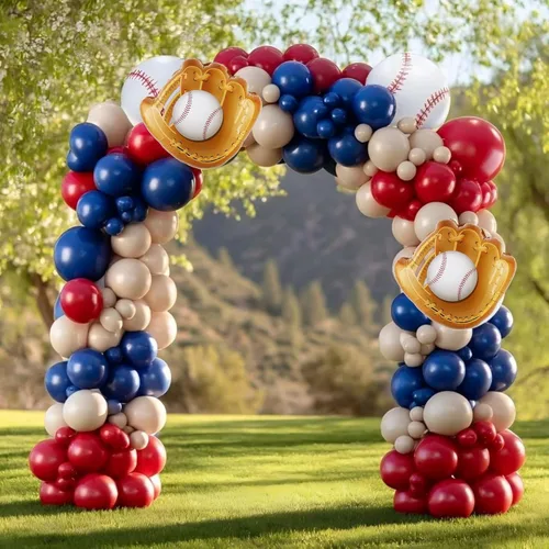 Miniatura 5 de Kit de arco de guirnalda de globos de béisbol, arco de globos azul marino y rojo nude con guante de béisbol, globos de aluminio para niños y niñas