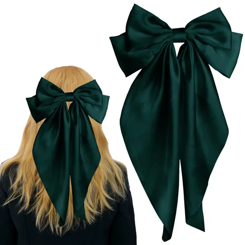 Miniatura 6 de Pufandor - Lazo para el cabello de satén sedoso para mujeres, lazos rojos para niñas, pasadores de lazo, cola larga con clips, lazos grandes