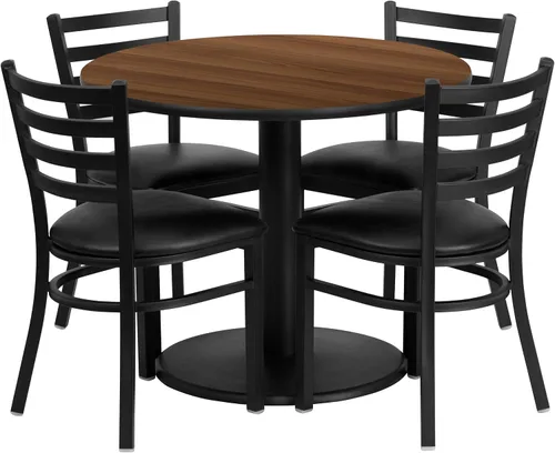 Miniatura 9 de Flash Furniture Juego de mesa redonda laminada negra de 36 pulgadas con base redonda y 4 sillas de metal con respaldo de escalera, asiento de vinilo