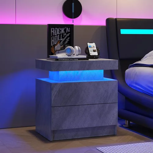 Miniatura 9 de Mesita de noche LED para dormitorio, moderna madera con 2 cajones, mesita de noche negra y dorada, mesa auxiliar con luz LED ajustable