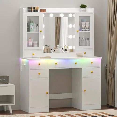 Miniatura 17 de Escritorio de maquillaje con espejo y luces, tocador negro de 43 pulgadas con parte superior de cristal, almacenamiento de joyas, 3 cajones